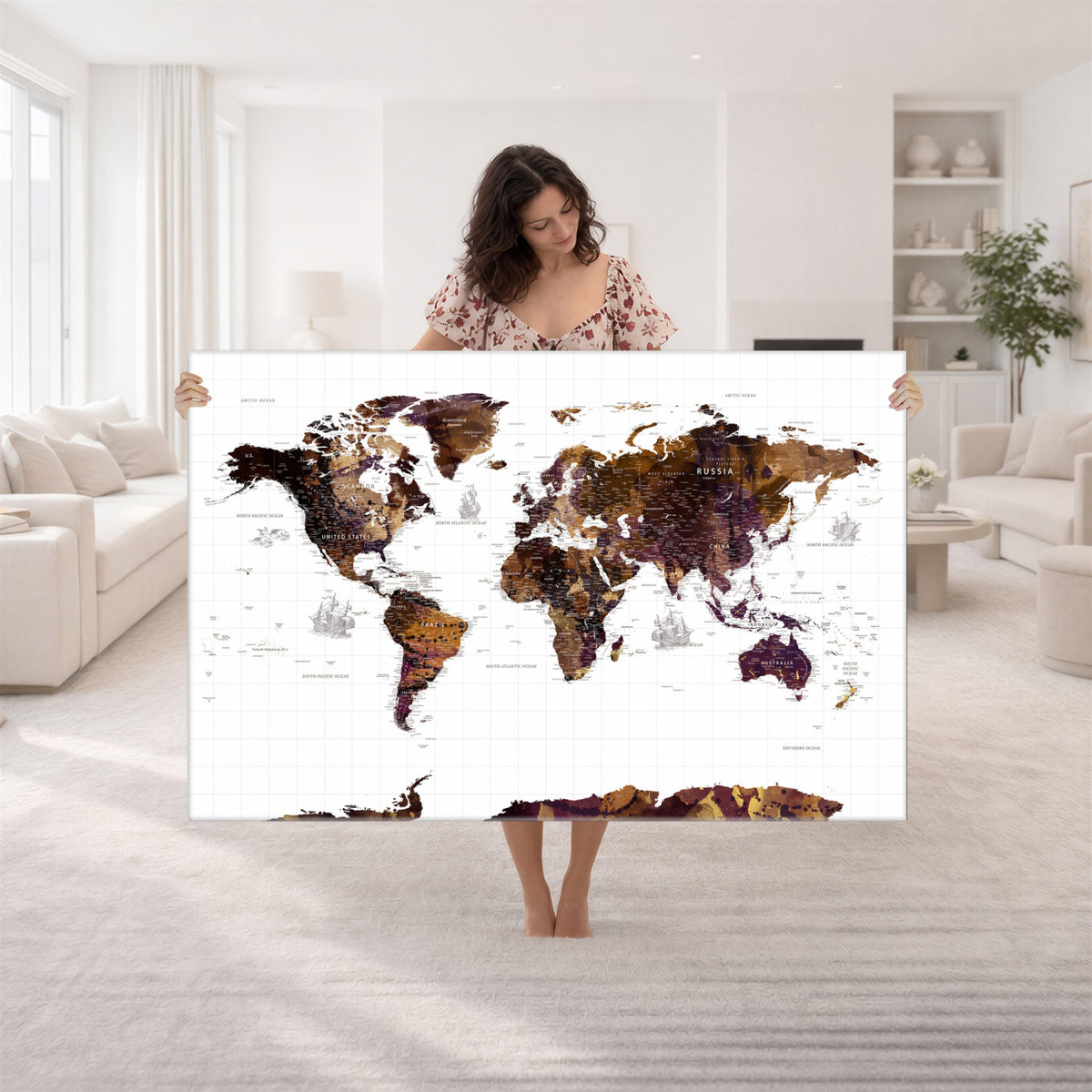 34792695-MGV-CV-36X24 - Rustic World Map Wall Art Canvas Print | Large Vintage Blue World Map on Wood Grain Style Background