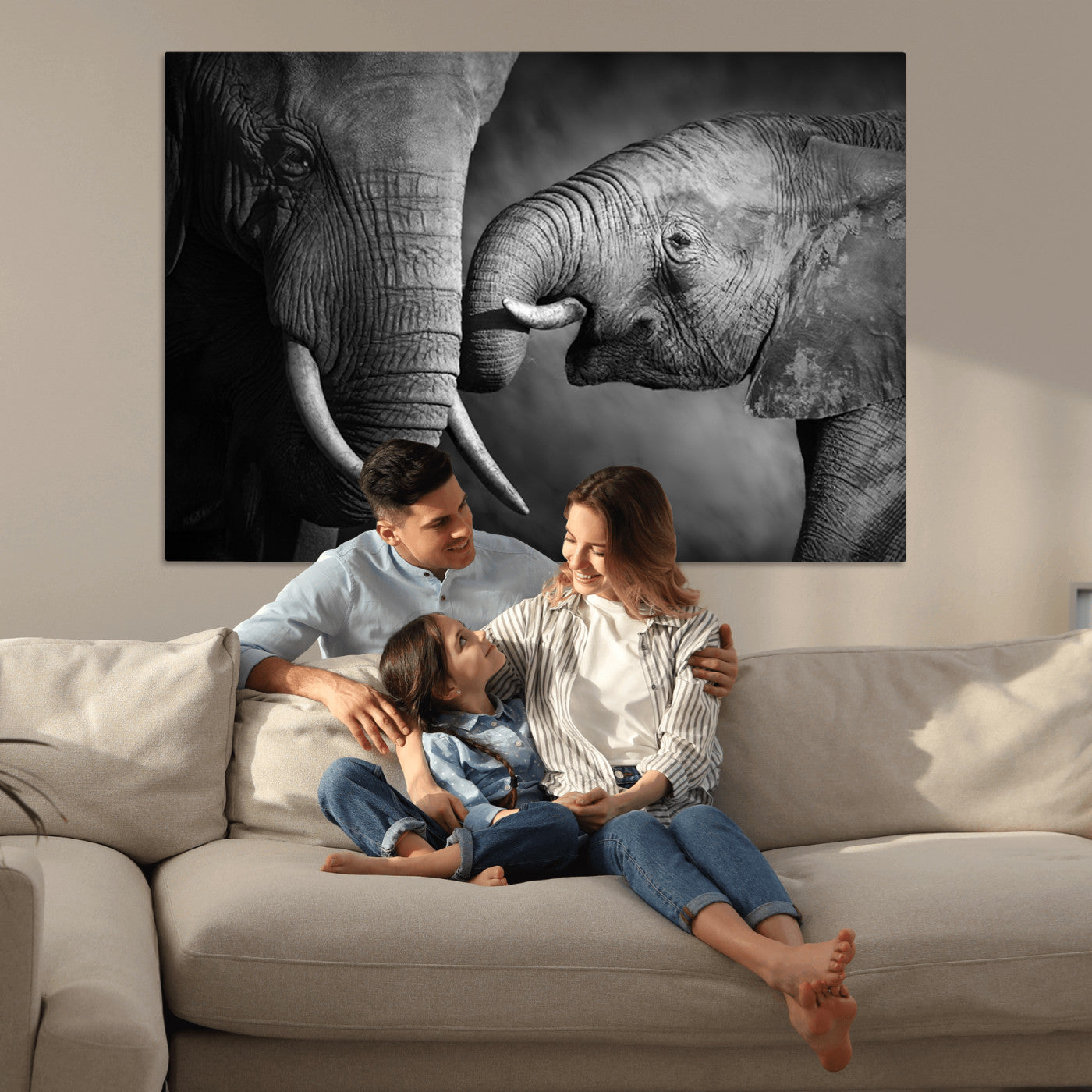 42691-MGV-CV-36X24-Elephant Family Wall Art Canvas, Framed Elephant Family Canvas Print