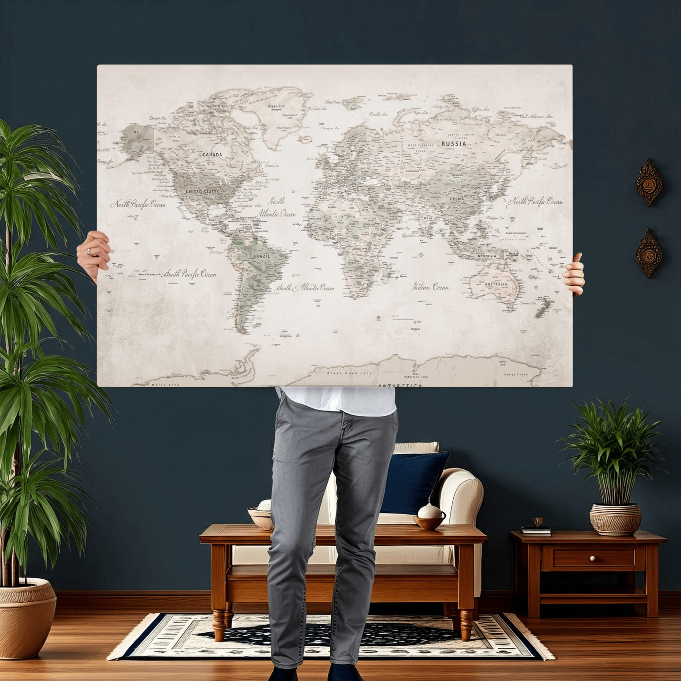 90355419-MGV-CV-36X24 - World Map Wall Art Canvas Print, Modern Decorative Framed Map Artwork Prints for Living Room, Office, Bedroom Wall Decor