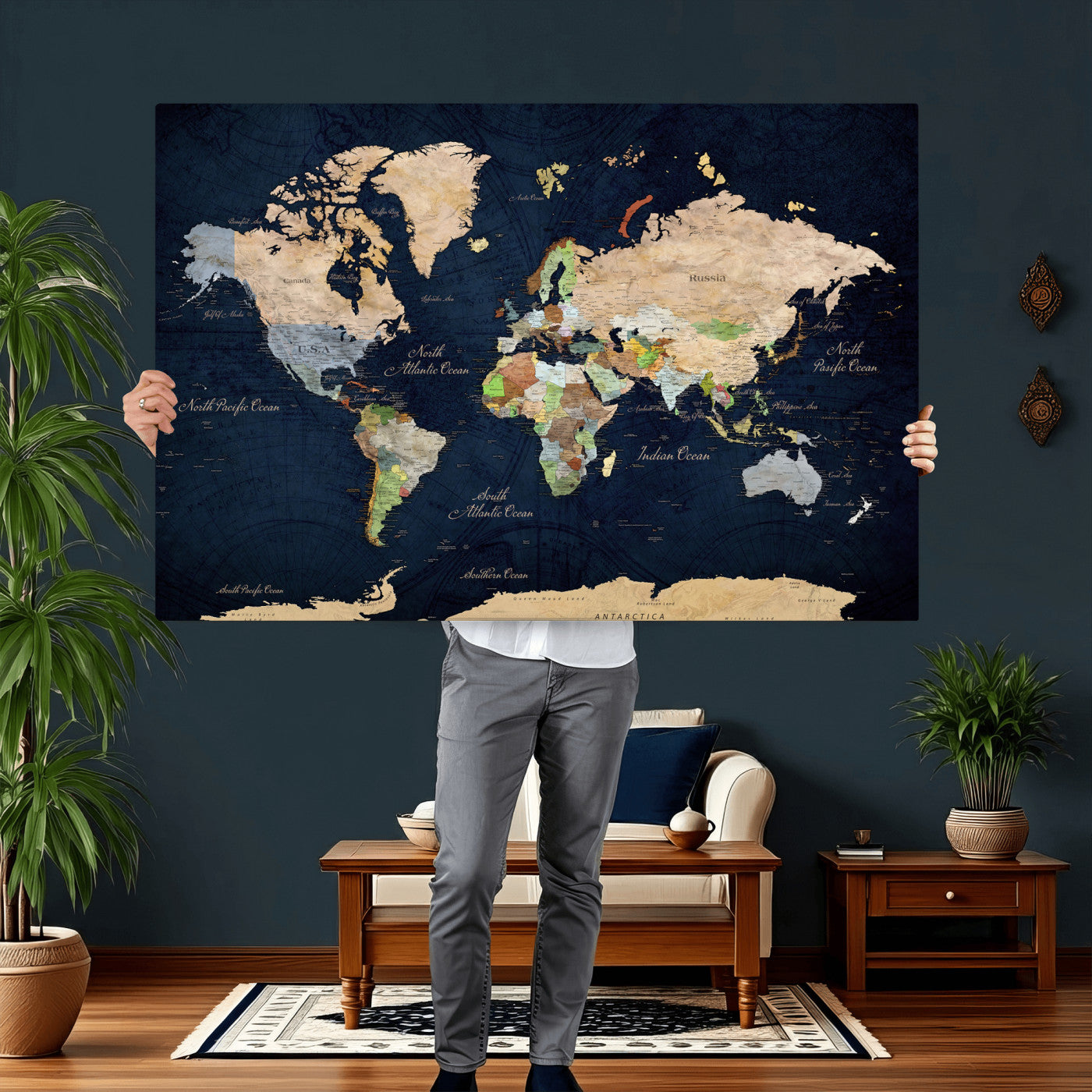 76603563-MGV-CV-36X24 - World Map Wall Art Canvas Print, Modern Decorative Framed Map Artwork Prints for Living Room, Office, Bedroom Wall Decor