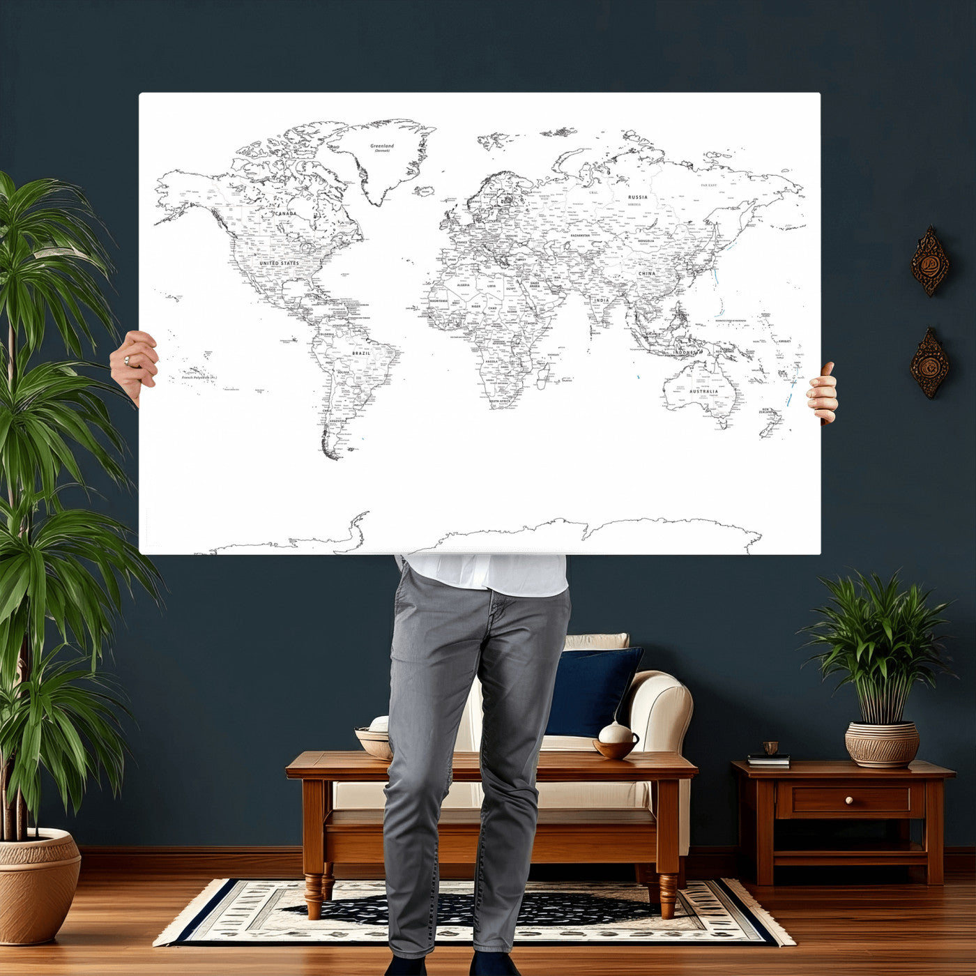 21002736-MGV-CV-36X24 - World Map Wall Art Canvas Print, Modern Decorative Framed Map Artwork Prints for Living Room, Office, Bedroom Wall Decor