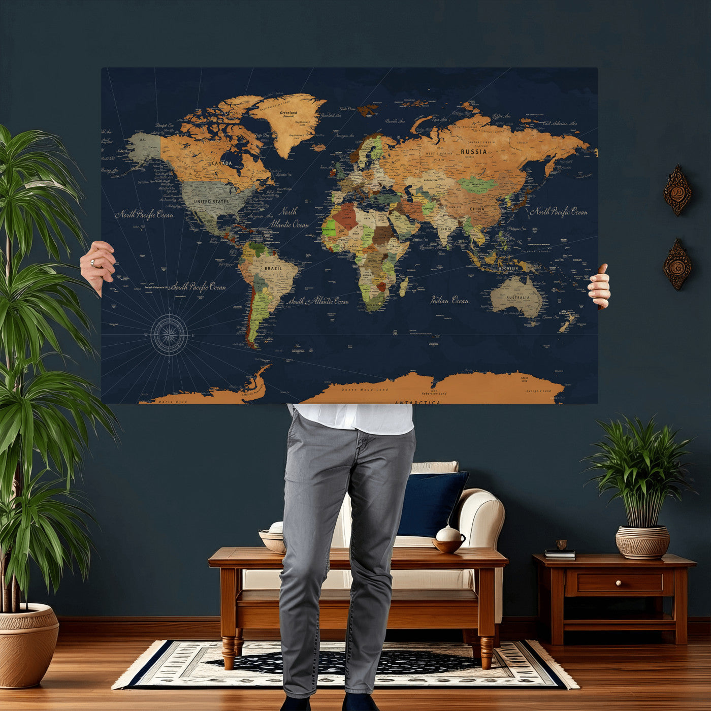 11715182-MGV-CV-36X24 - World Map Wall Art Canvas Print, Modern Decorative Framed Map Artwork Prints for Living Room, Office, Bedroom Wall Decor