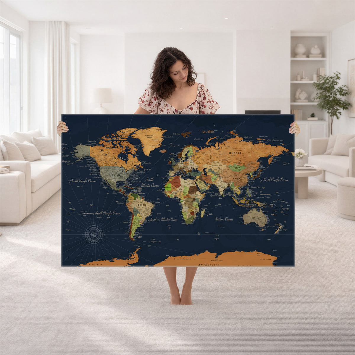 11715182-MGV-CV-36X24 - Modern World Map Canvas Print, Framed Detailed Map of the World Wall Art