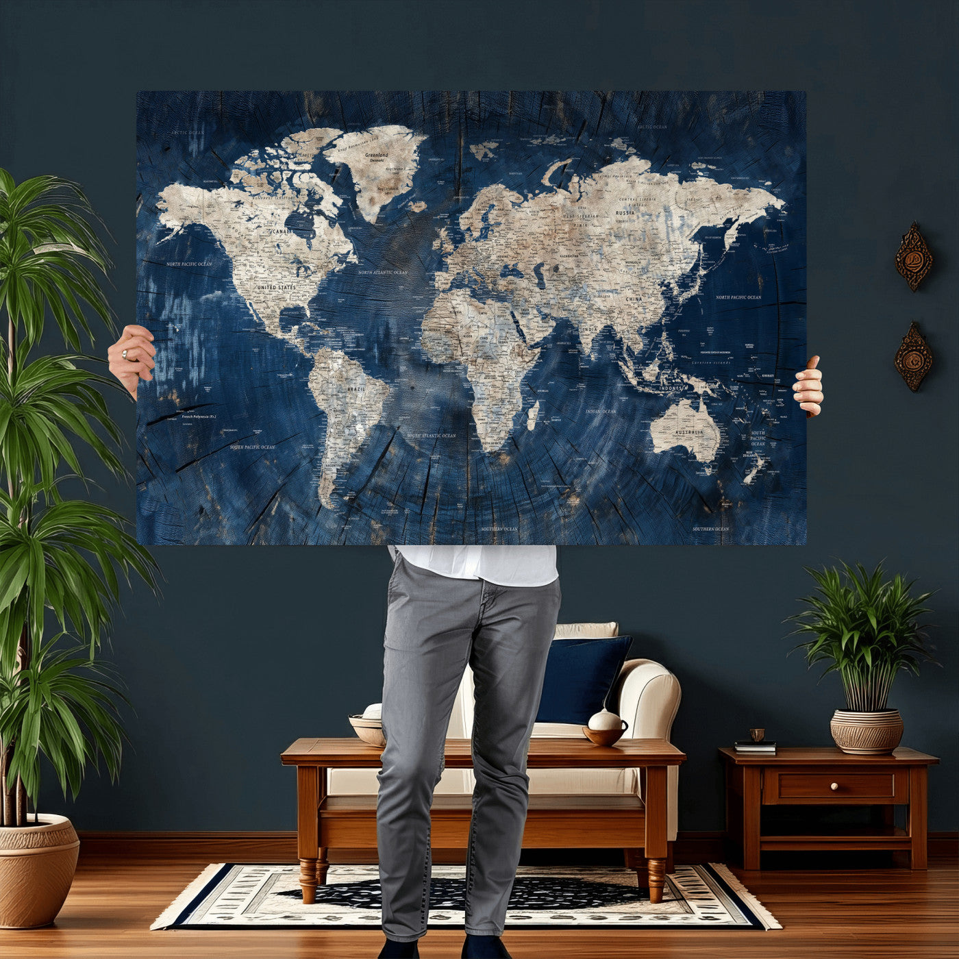 56126010-MGV-CV-36X24 - World Map Wall Art Canvas Print, Modern Decorative Framed Map Artwork Prints for Living Room, Office, Bedroom Wall Decor