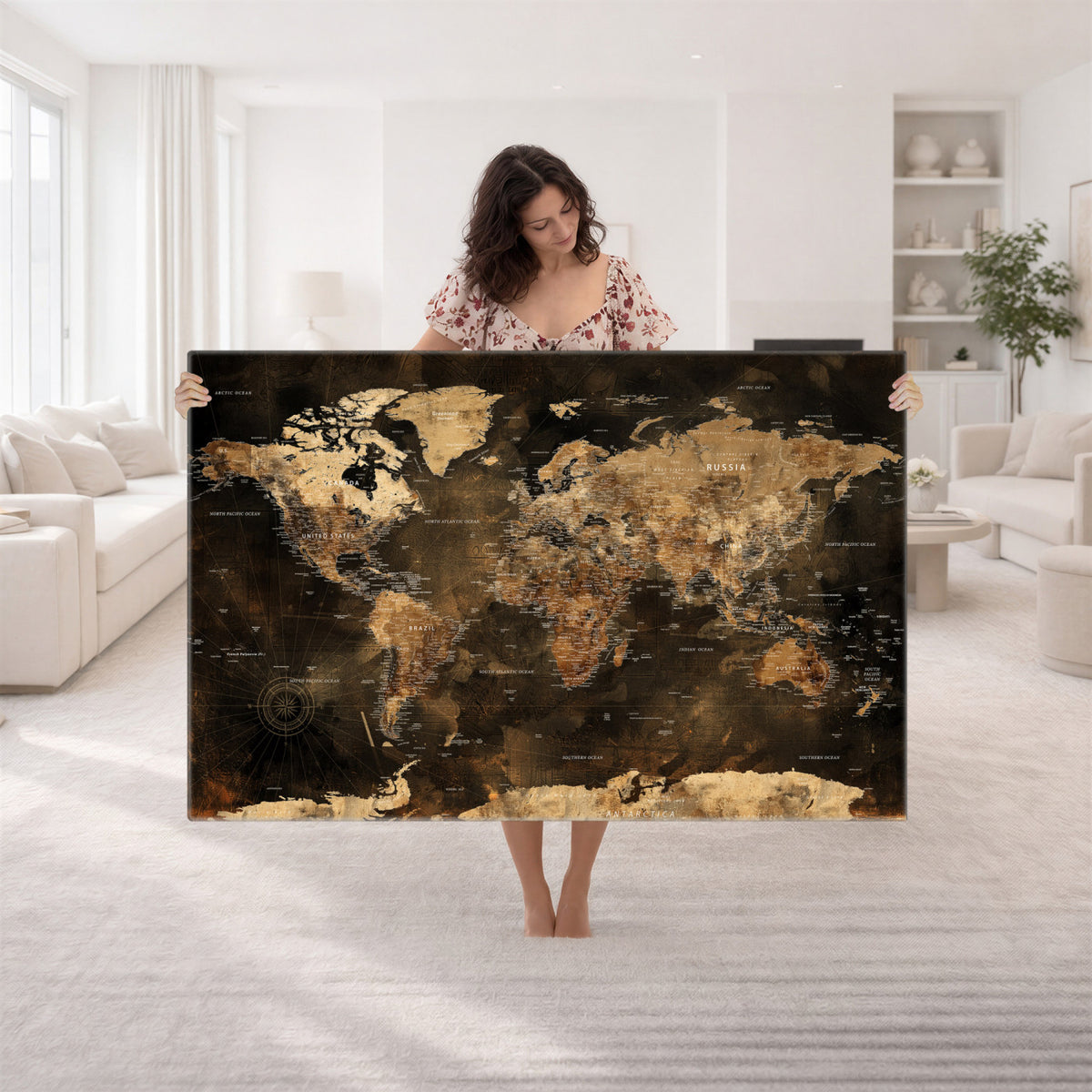 97742922-MGV-CV-36X24 - World Map Canvas Print, Modern Decorative Framed Map Artwork