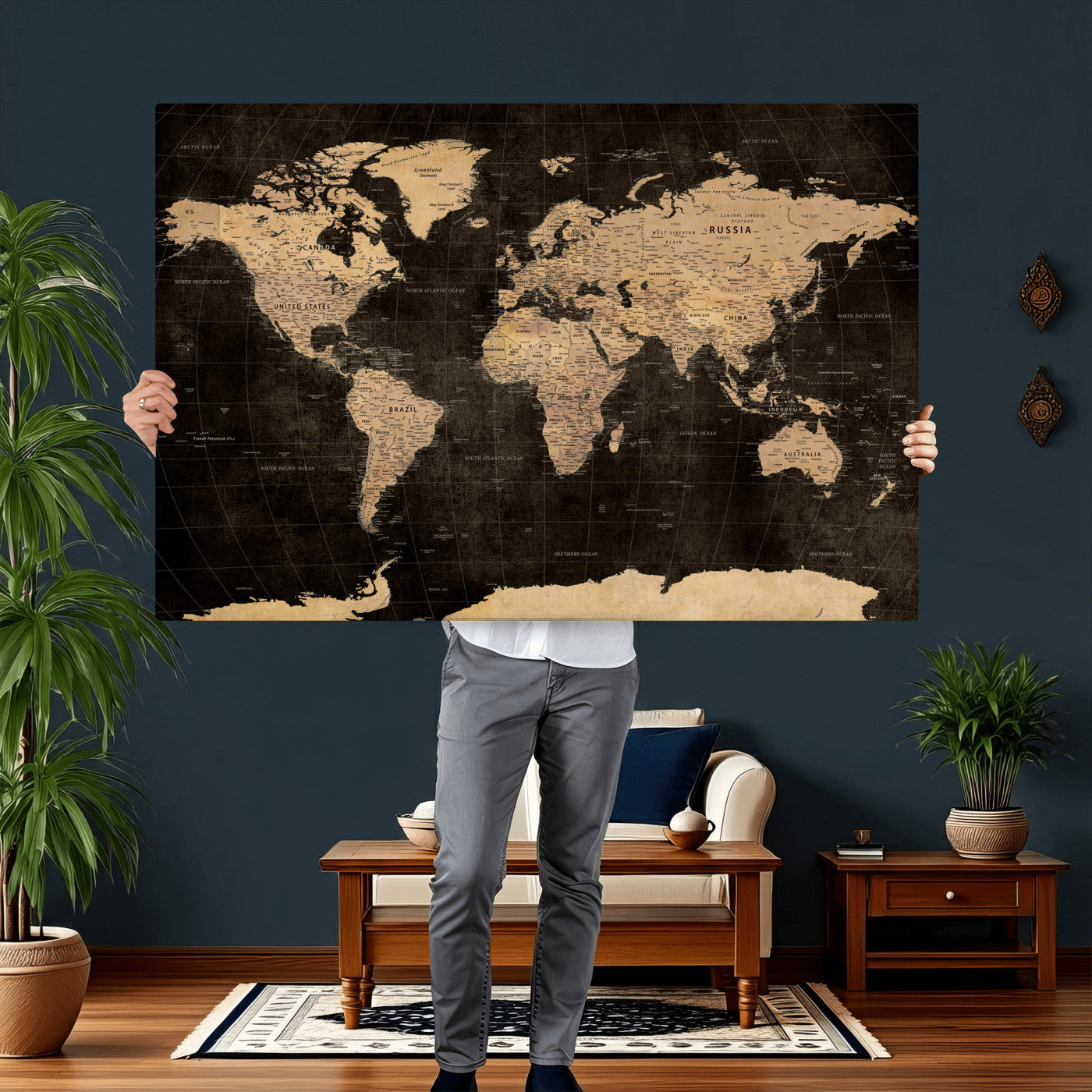 17790470-MGV-CV-36X24 - World Map Wall Art Canvas Print, Modern Decorative Framed Map Artwork Prints for Living Room, Office, Bedroom Wall Decor