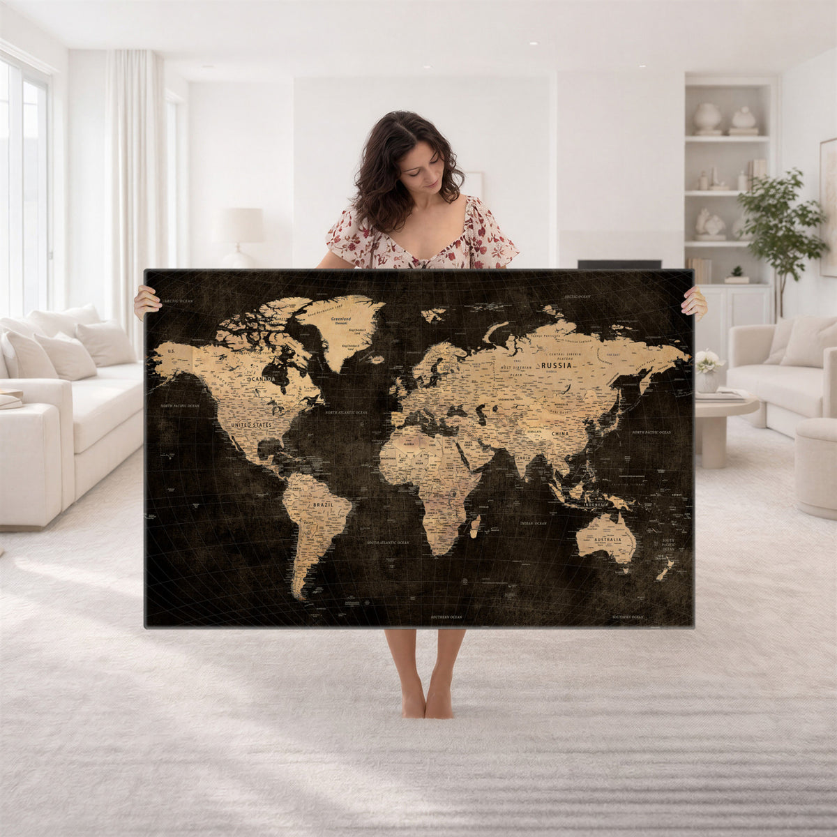 15118265-MGV-CV-36X24 - Brown World Map Canvas Print | Modern Travel Map Wall Art