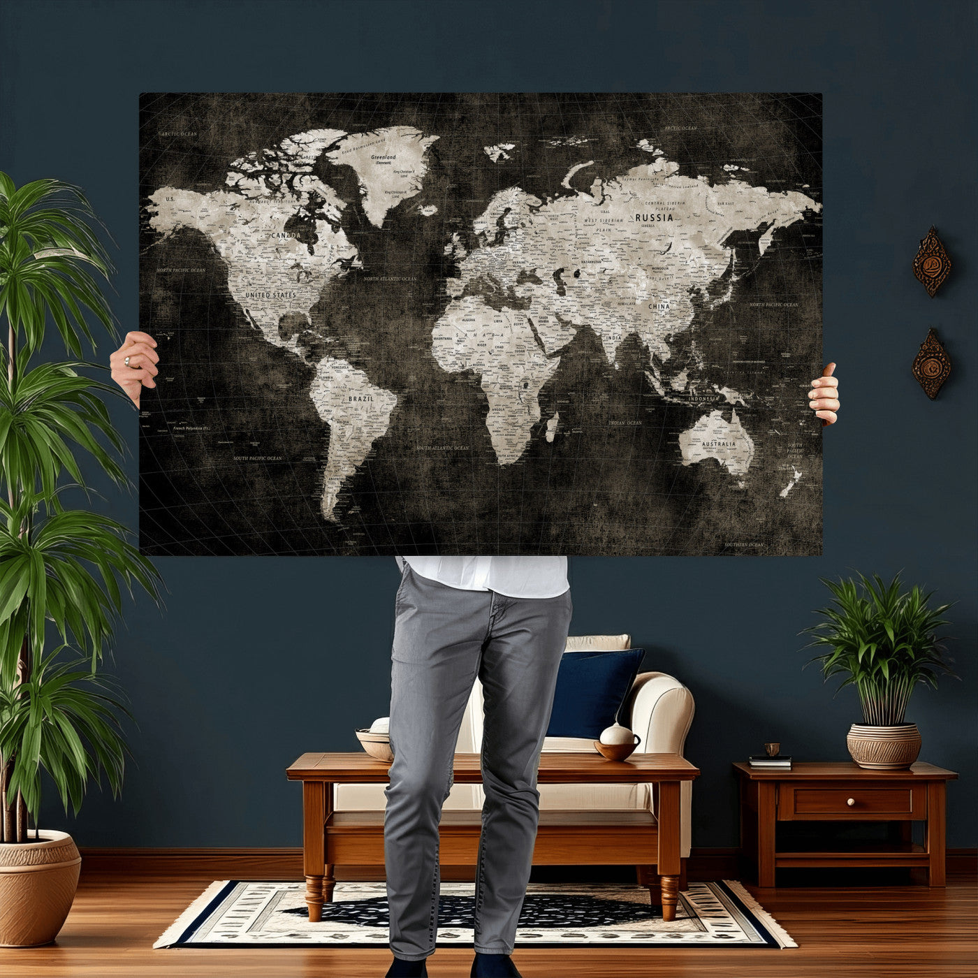 94581666-MGV-CV-36X24 - World Map Wall Art Canvas Print, Modern Decorative Framed Map Artwork Prints for Living Room, Office, Bedroom Wall Decor