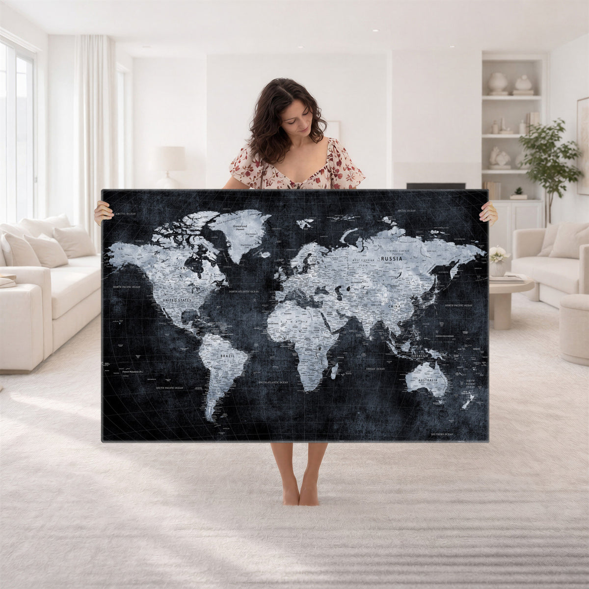 86893704-MGV-CV-36X24 - Black World Map Canvas Print | Detailed Map for Couples and Anniversary Gift