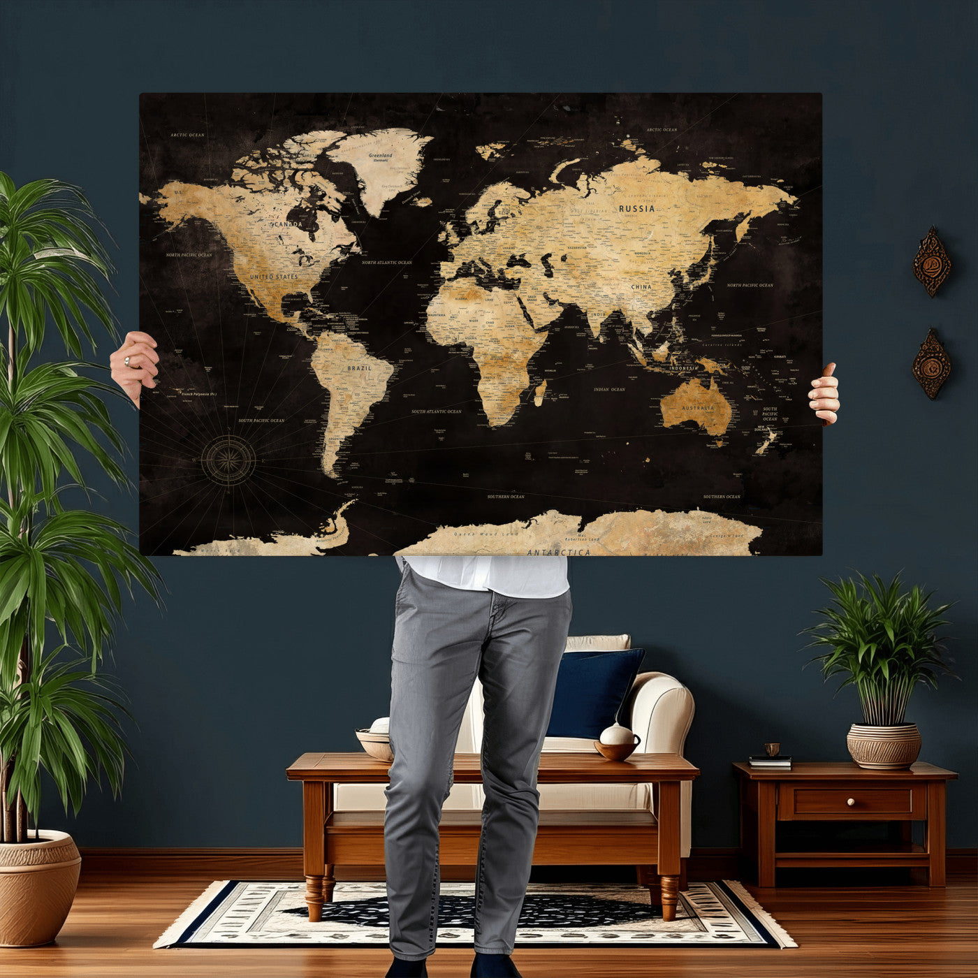 70468159-MGV-CV-36X24 - World Map Wall Art Canvas Print, Modern Decorative Framed Map Artwork Prints for Living Room, Office, Bedroom Wall Decor
