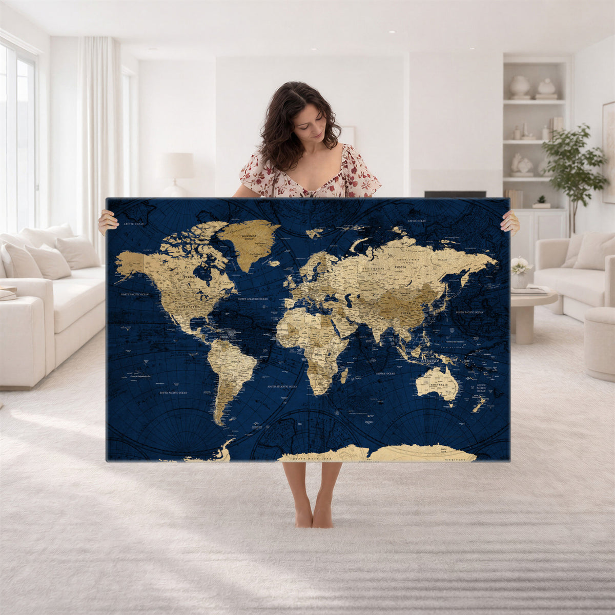 54770746-MGV-CV-36X24 - Navy Blue World Map Canvas Print – Detailed Map Minimal Navy
