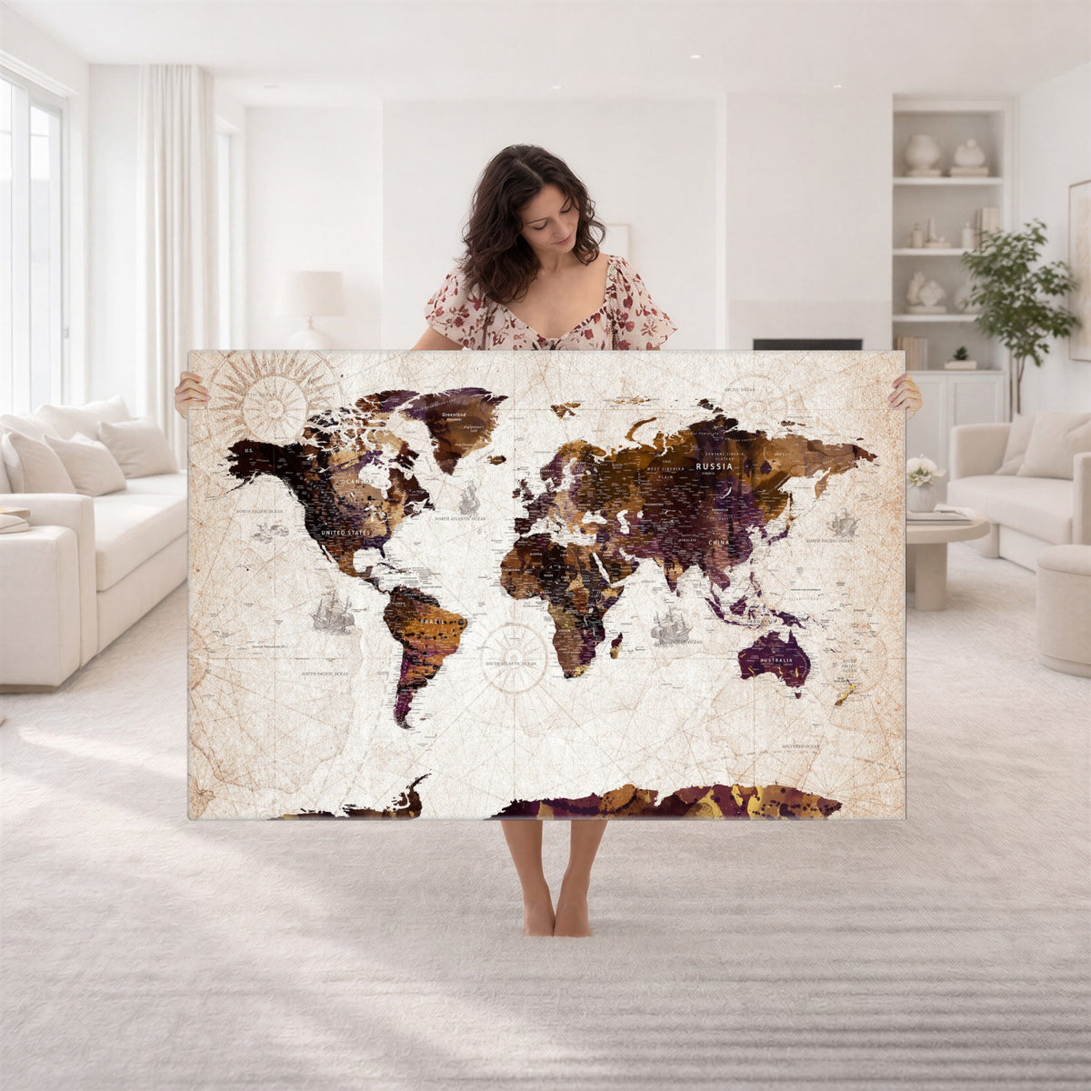 53400857-MGV-CV-36X24 - Blue Watercolor World Map Canvas Print – Framed Modern Wall