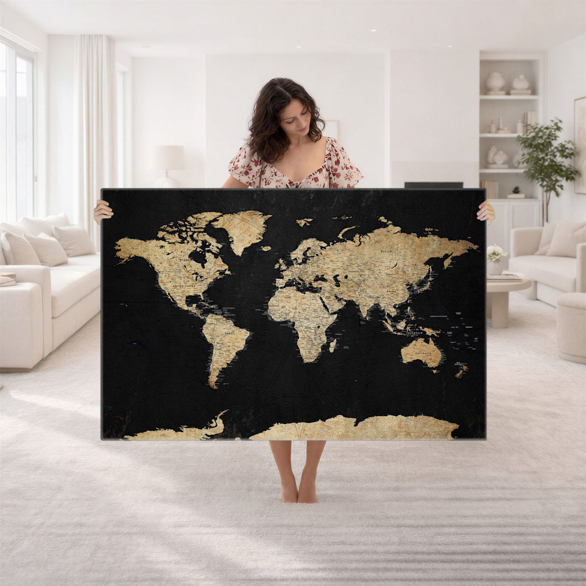 71518849-MGV-CV-36X24 - Beige World Map Canvas Wall Art Print, Minimal Black and