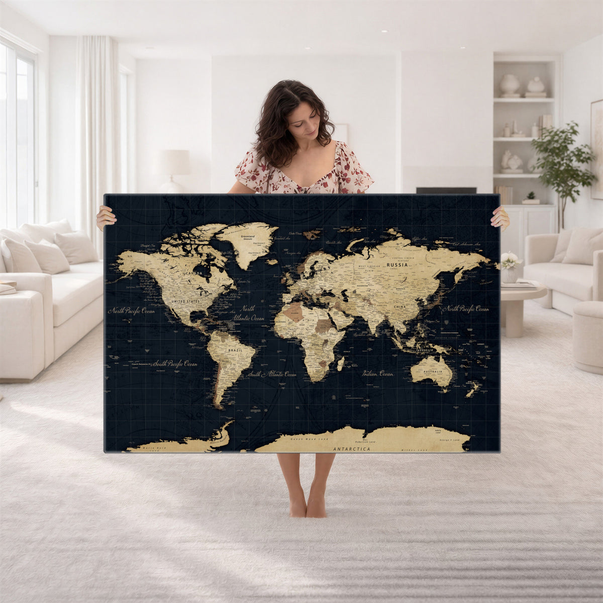 45063434-MGV-CV-36X24 - Dark World Map Canvas Wall Art Print, Minimal Black and Gold Map