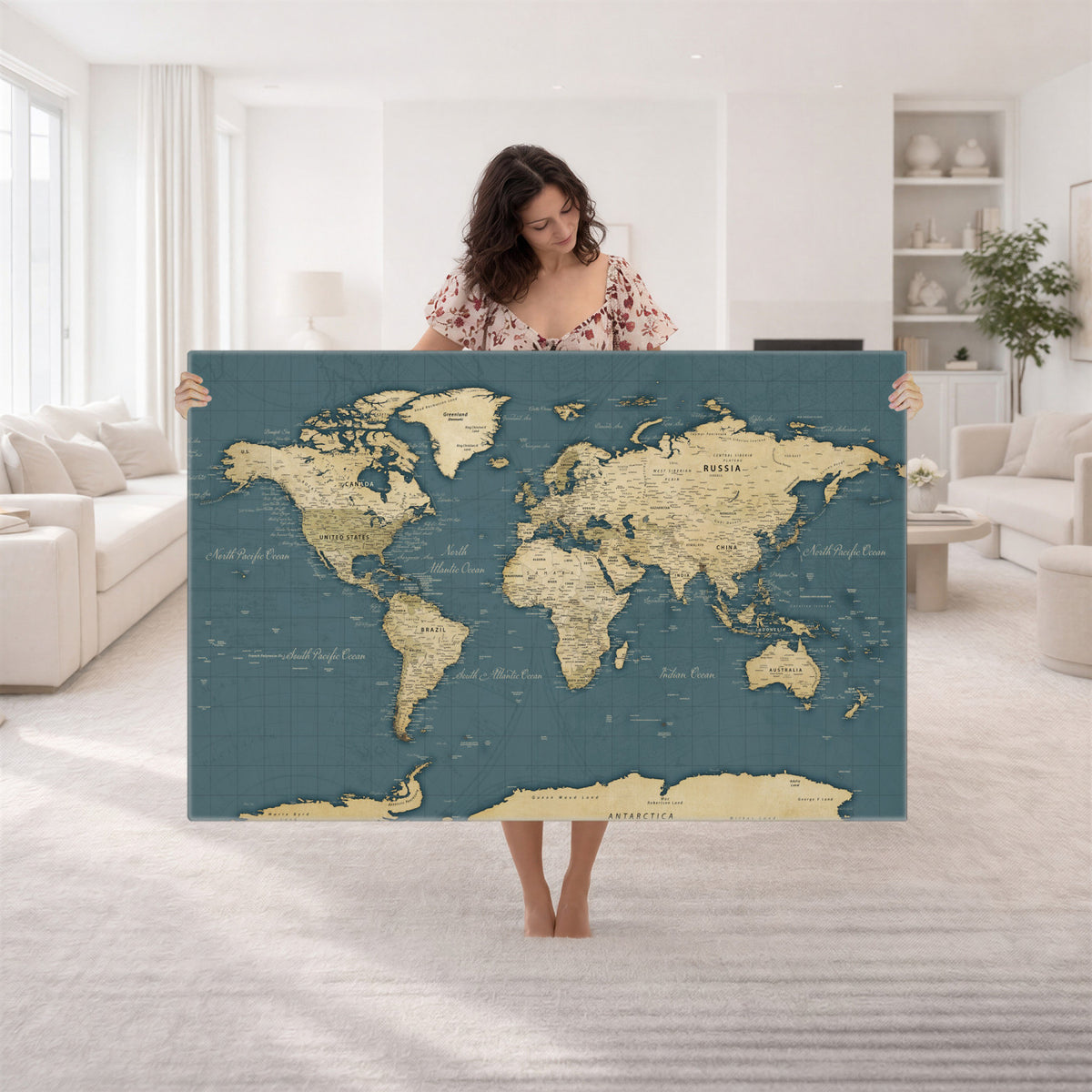 99599383-MGV-CV-36X24 - Minimal Vintage World Map Canvas Wall Art Print, Neutral