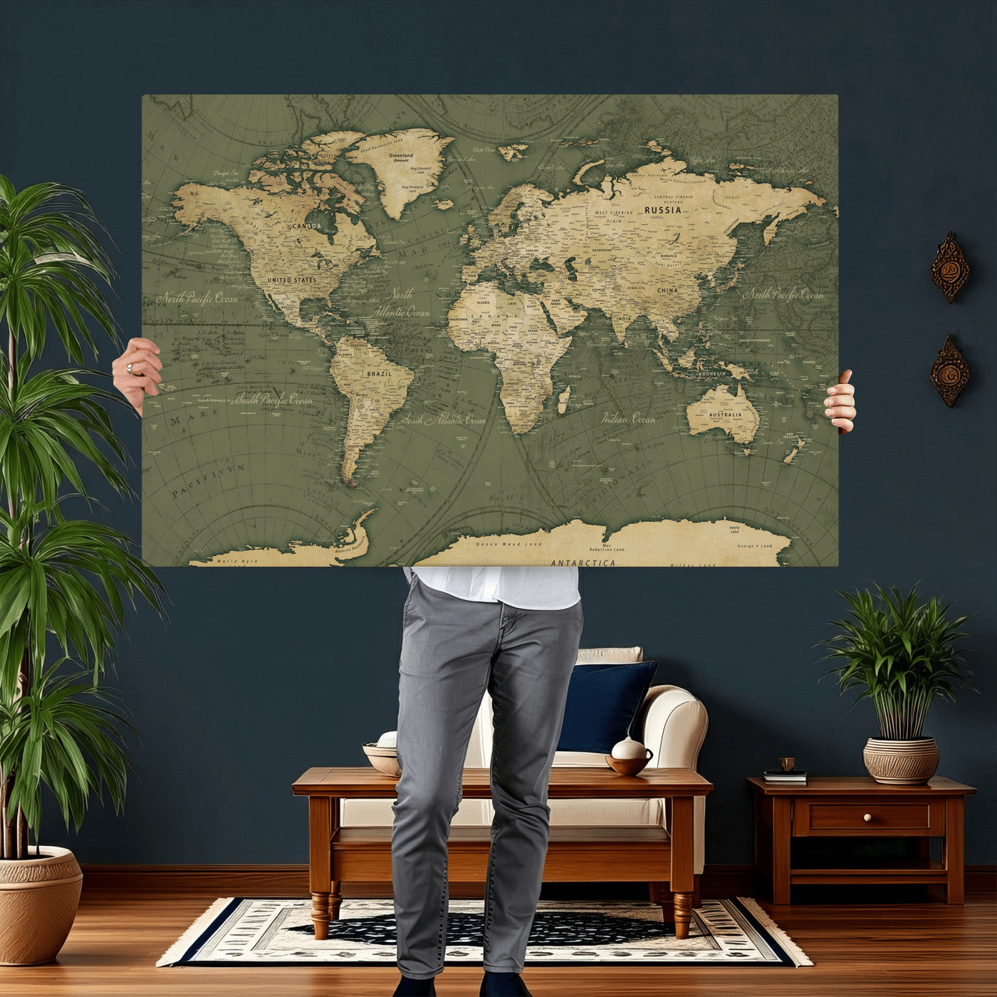 75846040-MGV-CV-36X24 - World Map Wall Art Canvas Print, Modern Decorative Framed Map Artwork Prints for Living Room, Office, Bedroom Wall Decor