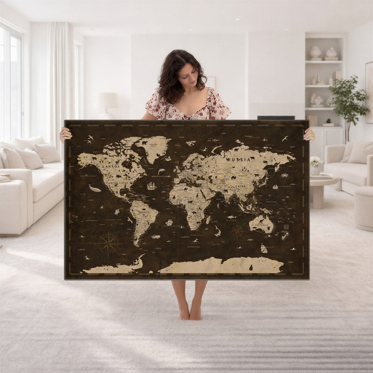 44276398-MGV-CV-36X24 - World Map Wall Art Canvas Print, Modern Decorative Framed Map Artwork Prints for Living Room, Office, Bedroom Wall Decor