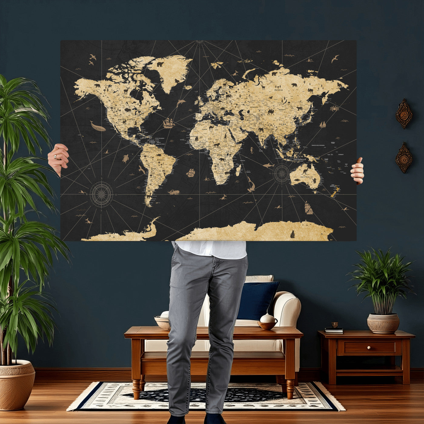 80270976-MGV-CV-36X24 - World Map Wall Art Canvas Print, Modern Decorative Framed Map Artwork Prints for Living Room, Office, Bedroom Wall Decor