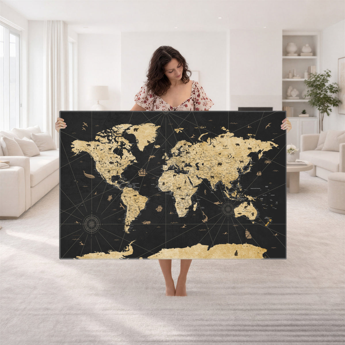 80270976-MGV-CV-36X24 - World Map Wall Art Canvas Print, Modern Decorative Framed Map Artwork Prints for Living Room, Office, Bedroom Wall Decor