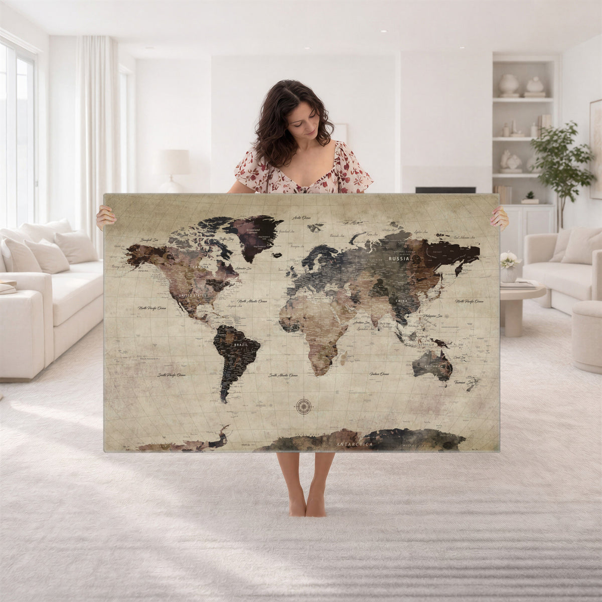 60560672-MGV-CV-36X24 - World Map Wall Art Canvas Print, Modern Decorative Framed Map Artwork Prints for Living Room, Office, Bedroom Wall Decor
