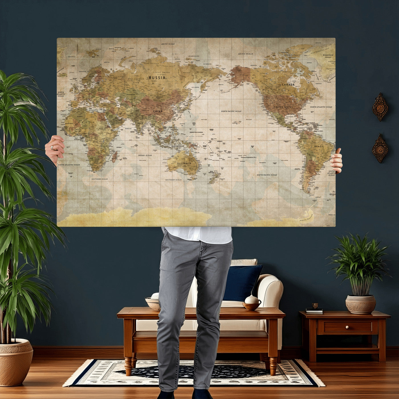 22305205-MGV-CV-36X24 - World Map Wall Art Canvas Print, Modern Decorative Framed Map Artwork Prints for Living Room, Office, Bedroom Wall Decor