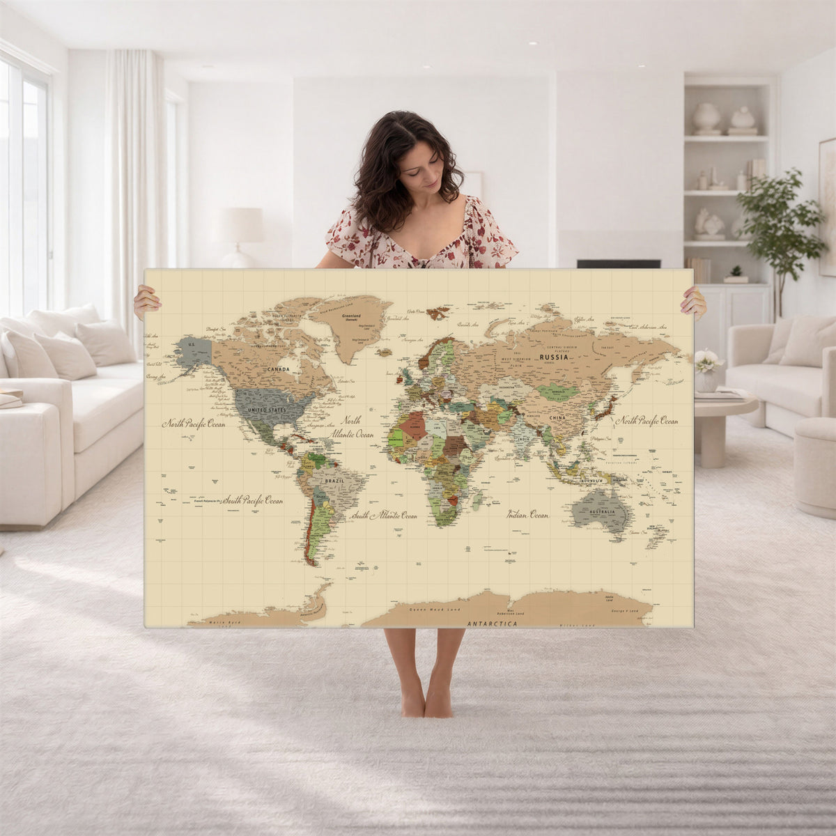 31407854-MGV-CV-36X24 - World Map Wall Art Canvas Print, Modern Decorative Framed Map Artwork Prints for Living Room, Office, Bedroom Wall Decor