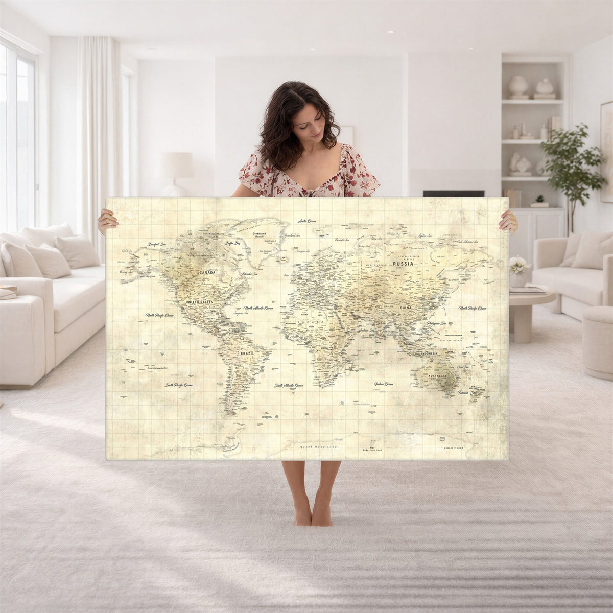 17101439-MGV-CV-36X24 - World Map Wall Art Canvas Print, Modern Decorative Framed Map Artwork Prints for Living Room, Office, Bedroom Wall Decor