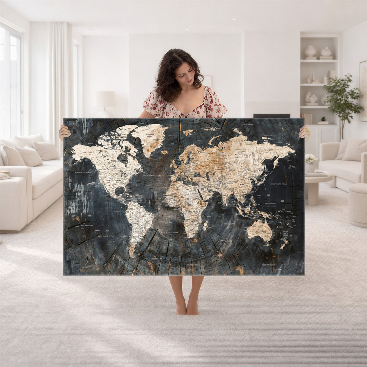 89162112-MGV-CV-36X24 - World Map Wall Art Canvas Print, Modern Decorative Framed Map Artwork Prints for Living Room, Office, Bedroom Wall Decor