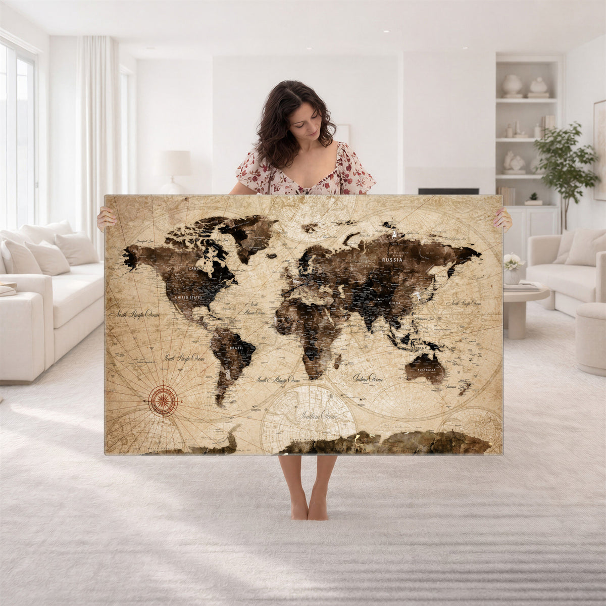 47657418-MGV-CV-36X24 - World Map Wall Art Canvas Print, Modern Decorative Framed Map Artwork Prints for Living Room, Office, Bedroom Wall Decor
