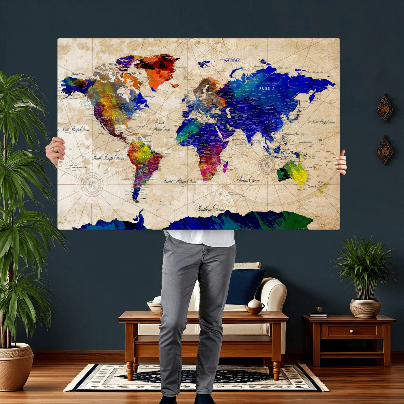 26284075-MGV-CV-36X24 - World Map Wall Art Canvas Print, Modern Decorative Framed Map Artwork Prints for Living Room, Office, Bedroom Wall Decor