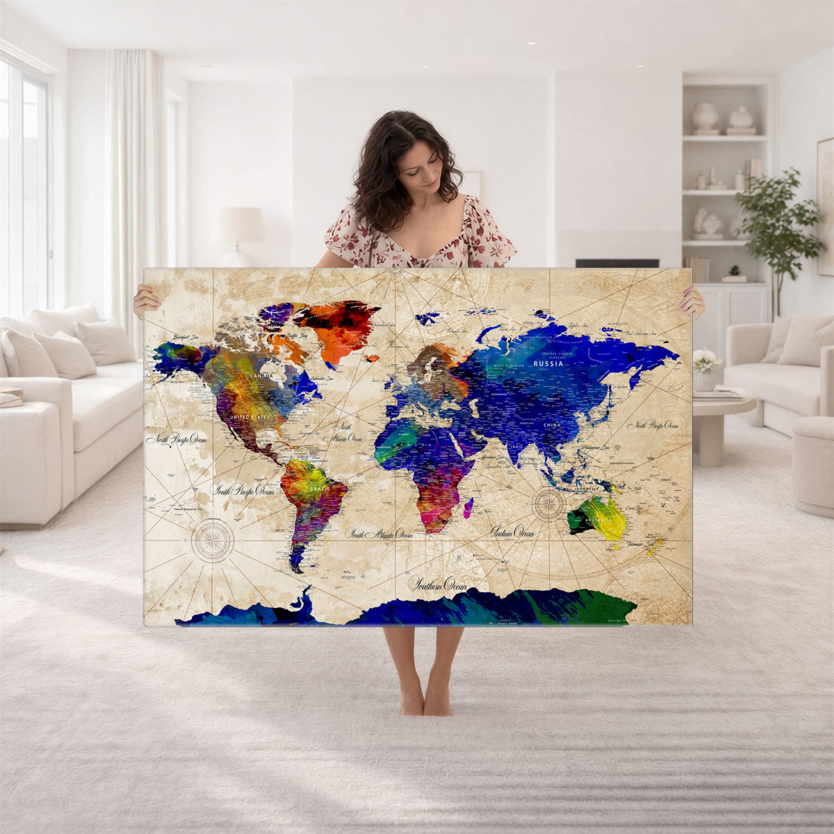 26284075-MGV-CV-36X24 - World Map Wall Art Canvas Print, Modern Decorative Framed Map Artwork Prints for Living Room, Office, Bedroom Wall Decor