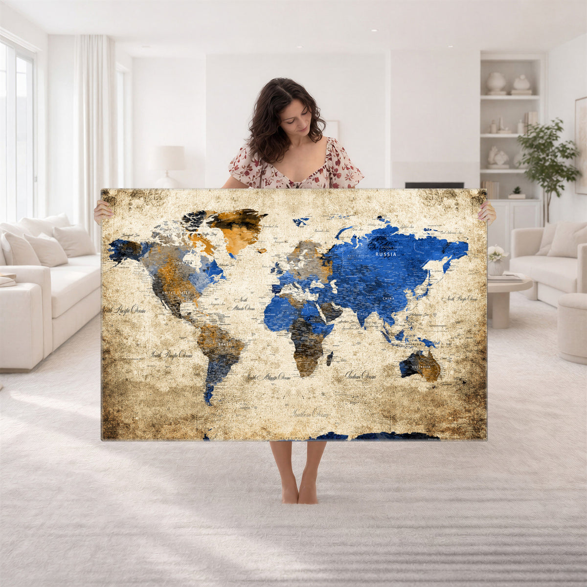 27314341-MGV-CV-36X24 - World Map Wall Art Canvas Print, Modern Decorative Framed Map Artwork Prints for Living Room, Office, Bedroom Wall Decor