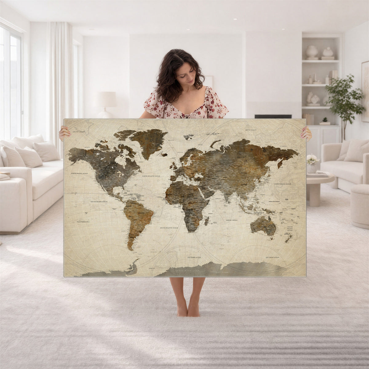 49623468-MGV-CV-36X24 - World Map Wall Art Canvas Print, Modern Decorative Framed Map Artwork Prints for Living Room, Office, Bedroom Wall Decor