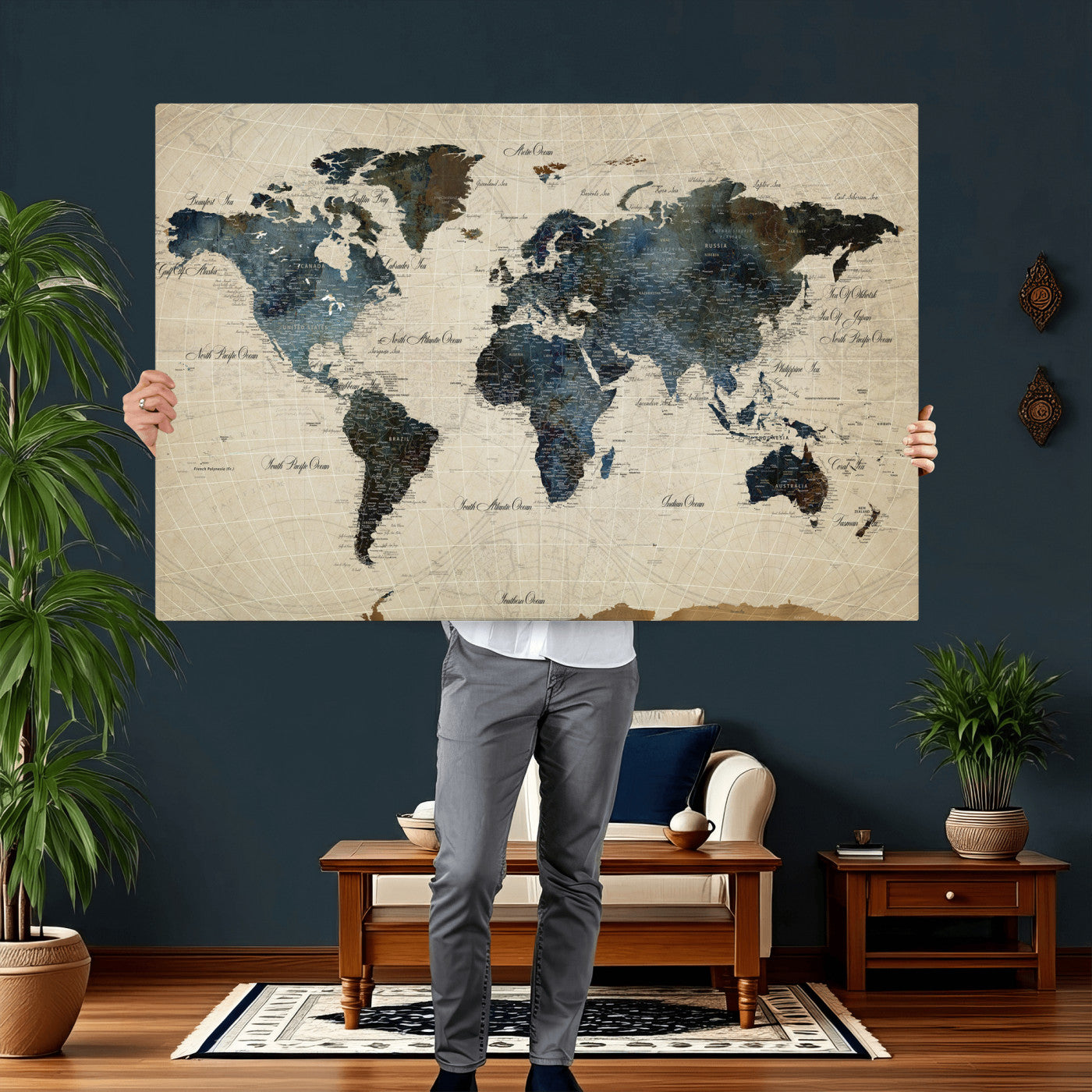 72927803-MGV-CV-36X24 - World Map Wall Art Canvas Print, Modern Decorative Framed Map Artwork Prints for Living Room, Office, Bedroom Wall Decor