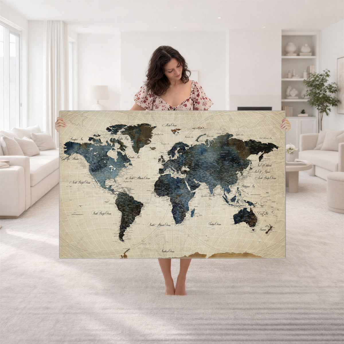 72927803-MGV-CV-36X24 - World Map Wall Art Canvas Print, Modern Decorative Framed Map Artwork Prints for Living Room, Office, Bedroom Wall Decor