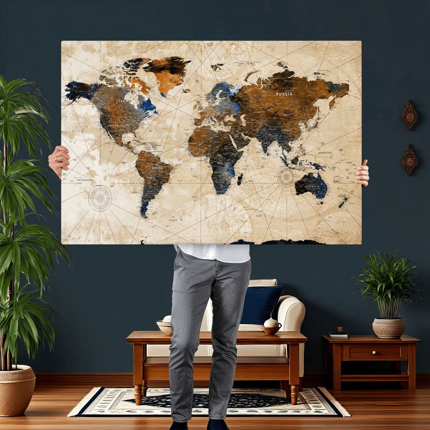 15727090-MGV-CV-36X24 - World Map Wall Art Canvas Print, Modern Decorative Framed Map Artwork Prints for Living Room, Office, Bedroom Wall Decor