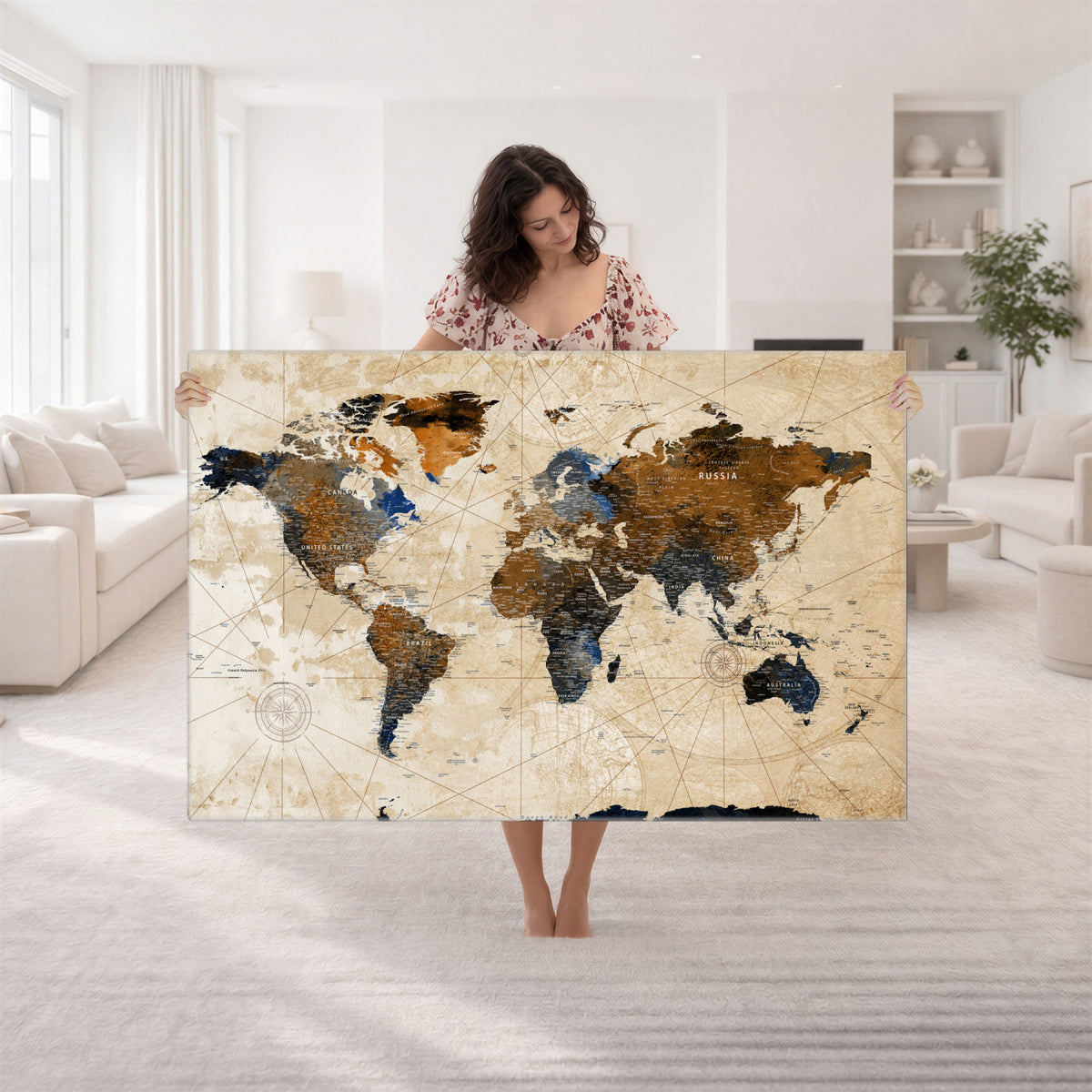 15727090-MGV-CV-36X24 - World Map Wall Art Canvas Print, Modern Decorative Framed Map Artwork Prints for Living Room, Office, Bedroom Wall Decor