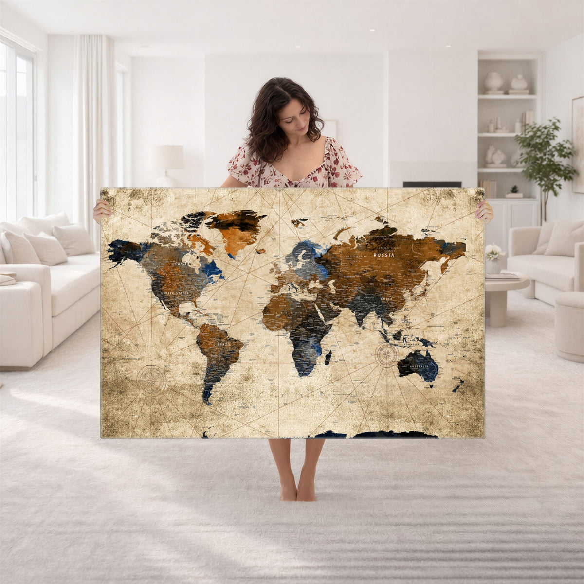 27163414-MGV-CV-36X24 - World Map Wall Art – Rustic Earth Tone Canvas Print, Antique