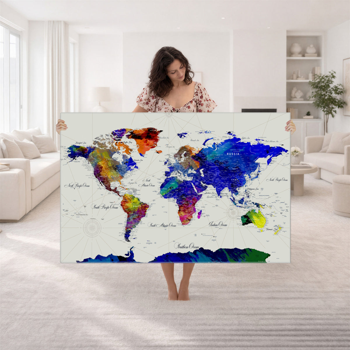 49670038-MGV-CV-36X24 - World Map Wall Art Canvas Print, Modern Decorative Framed Map Artwork Prints for Living Room, Office, Bedroom Wall Decor