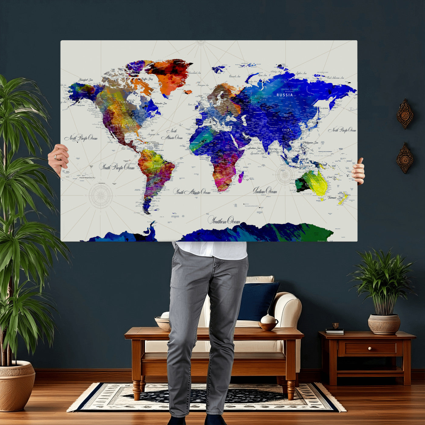 49670038-MGV-CV-36X24 - World Map Wall Art Canvas Print, Modern Decorative Framed Map Artwork Prints for Living Room, Office, Bedroom Wall Decor