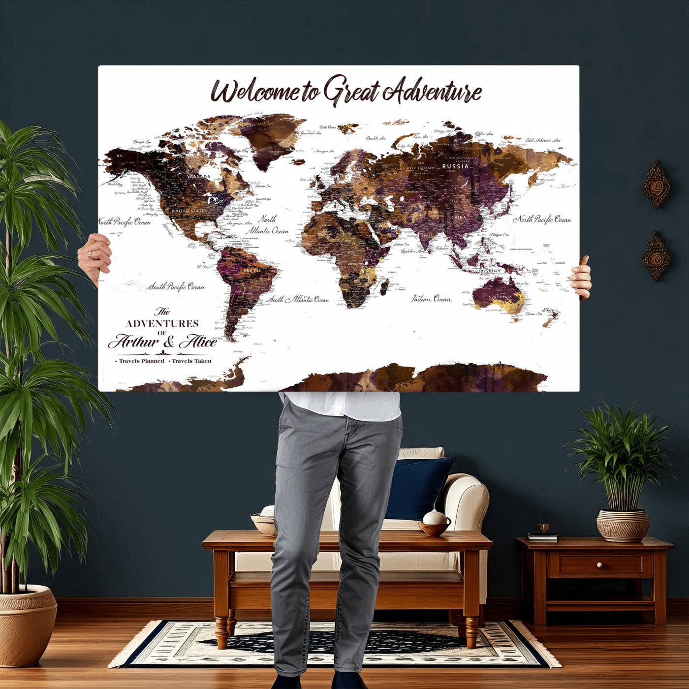 64110391125-MGV-CV-36X24 - Custom Push Pin World Map Wall Art Canvas Print – Personalized Travel Tracker with Pins Framed Large for Home and Office Decor