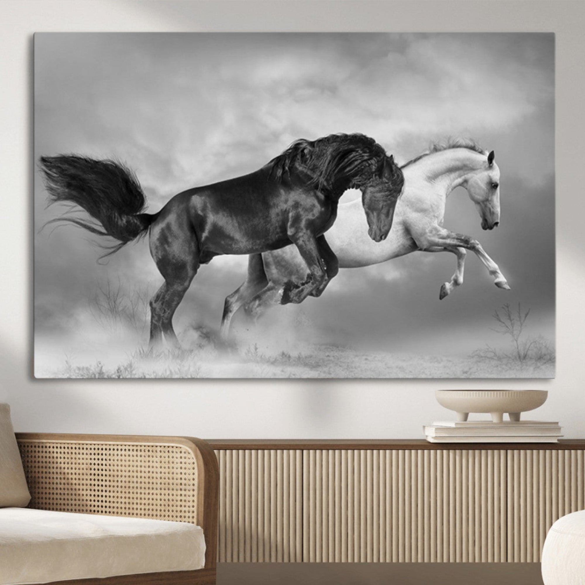 -Wild Horses Wall Art Canvas Print – Framed Black and White Galloping Horses Dynamic Animal Artwork for Home, Office