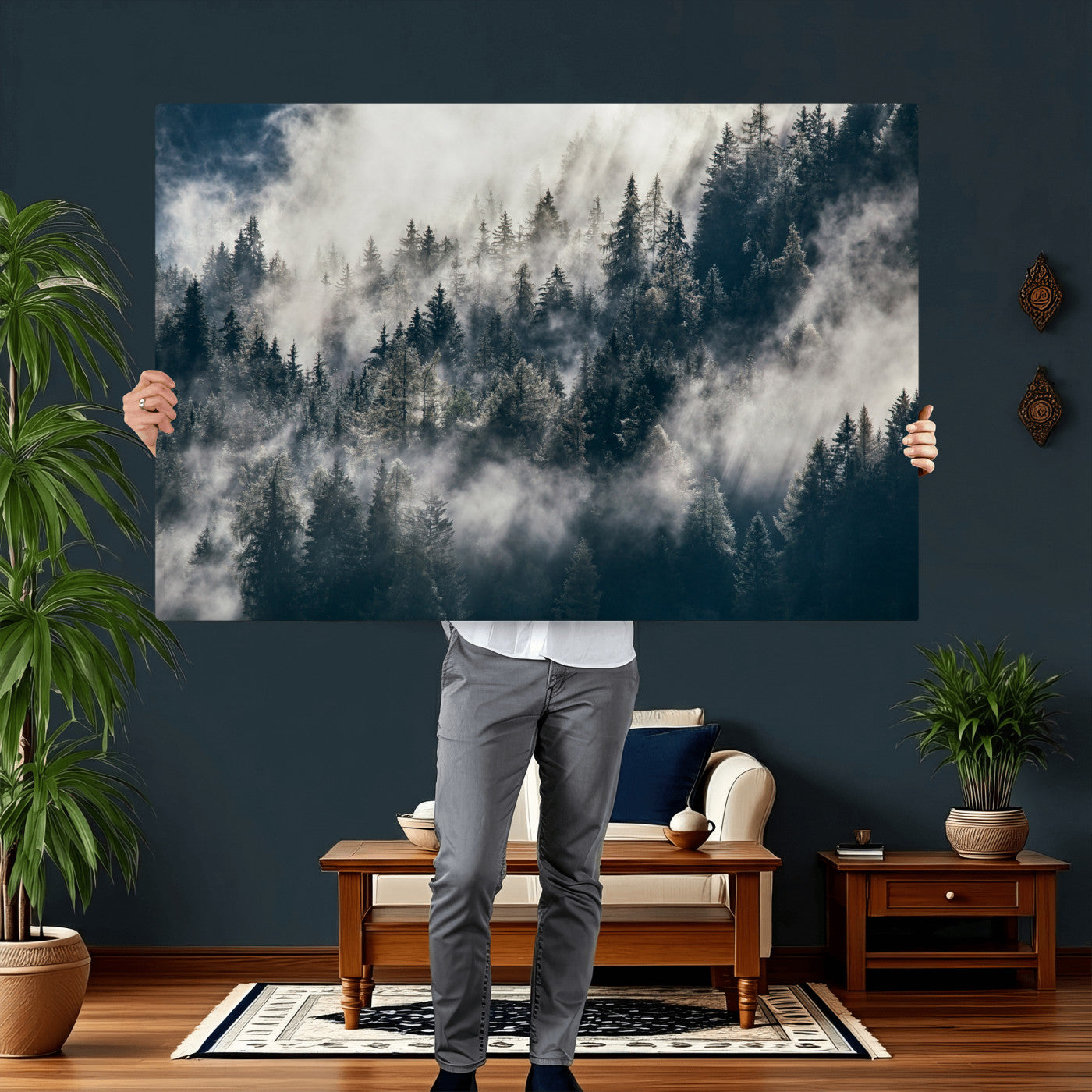 63405824-MGV-CV-36X24 - Foggy Mountain Forest Canvas Print, Misty Pine Trees Nature Wall Art, Framed Canvas Ready to Hang