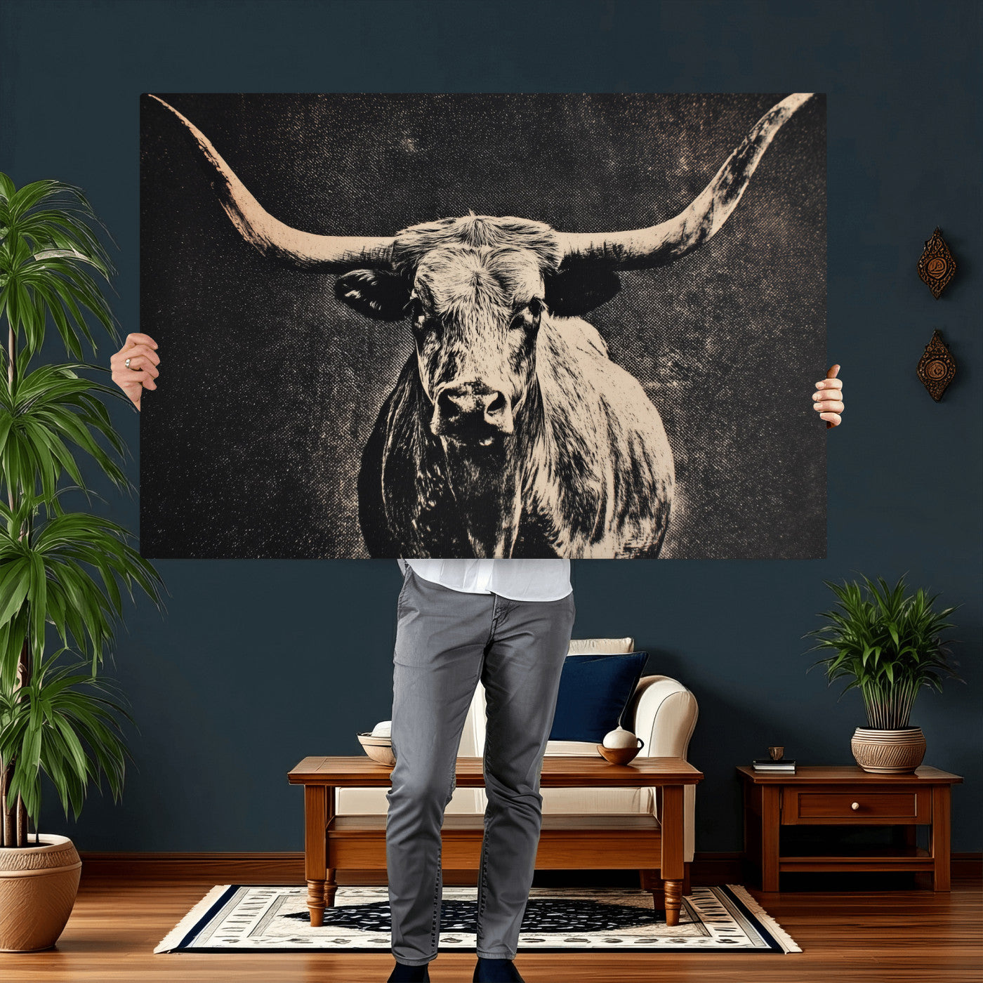 27394218-MGV-CV-36X24 - Vintage Texas Longhorn Bull Wall Art Canvas Print, Cow Portrait Photography Print, Framed Wall Art Ready to Hang