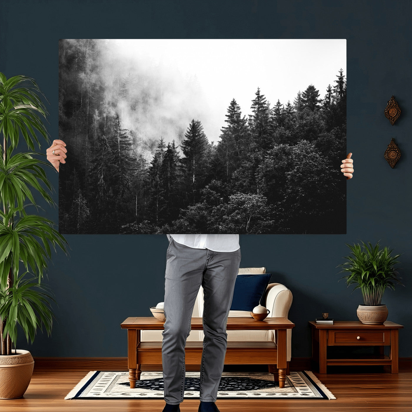 98764151-MGV-CV-36X24 - Black and White Forest Wall Art Canvas Print, Misty Pine Tree Landscape Photography, Framed Wall Art Ready to Hang