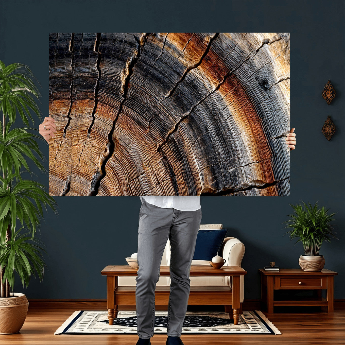 92693966E-MGV-CV-36X24 - Framed Large Abstract Wood Grain Canvas Print, Tree Ring Pattern Wall Art, Framed Canvas Ready to Hang