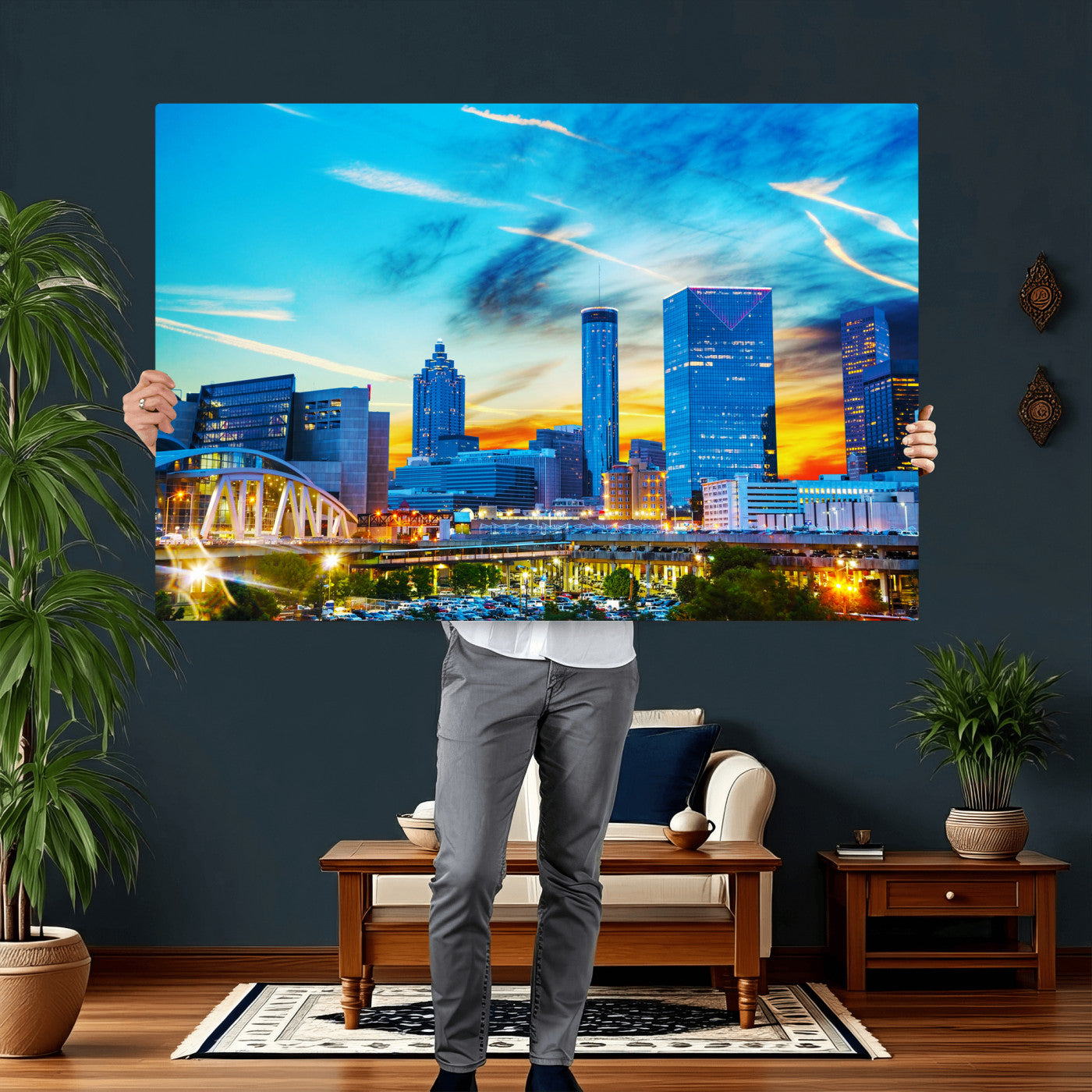 23097797-MGV-CV-36X24 - Atlanta Skyline Wall Art Canvas Print, Atlanta Downtown Night Cityscape Print for Modern Urban Wall Decor