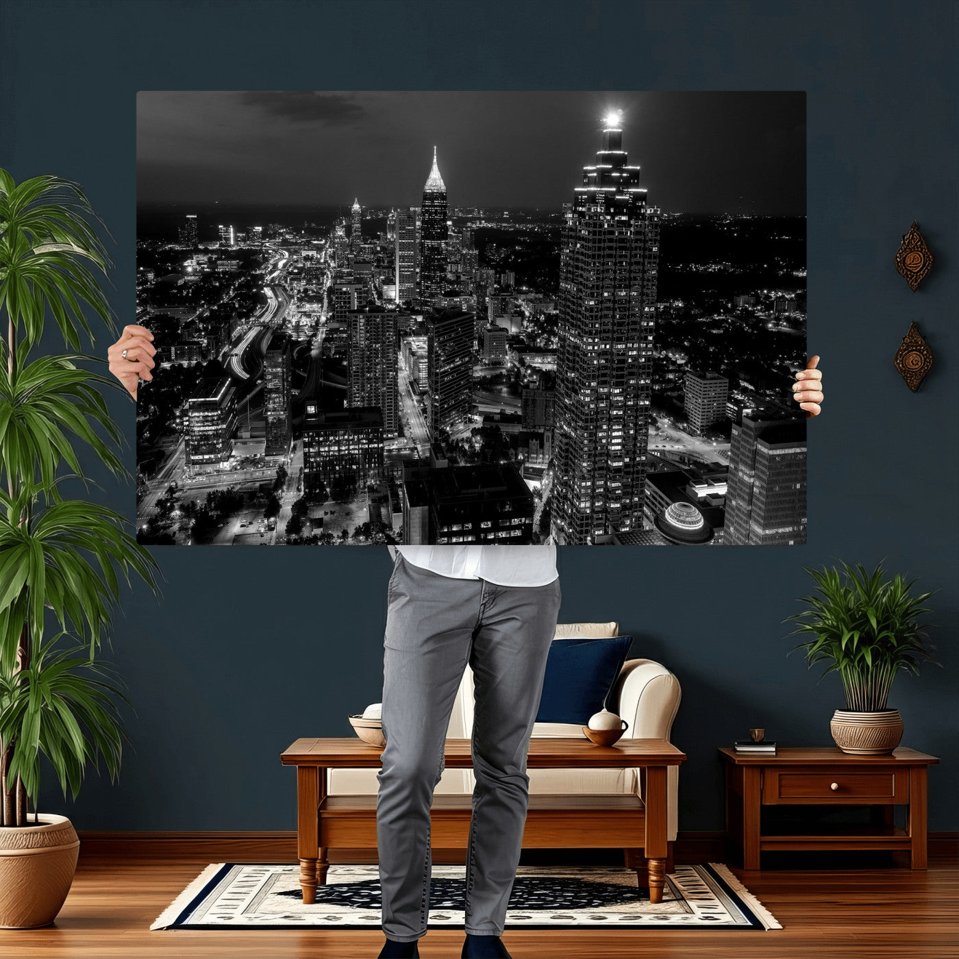 56773510-MGV-CV-36X24 - Atlanta Skyline Wall Art Canvas Print, Atlanta Downtown Night Cityscape Print for Modern Urban Wall Decor