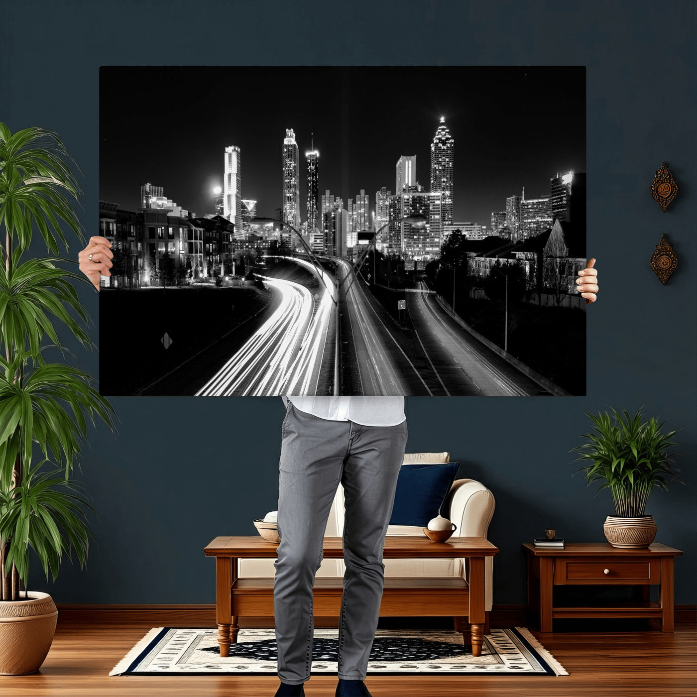 80330064-MGV-CV-36X24 - Atlanta Skyline Wall Art Canvas Print, Atlanta Downtown Night Cityscape Print for Modern Urban Wall Decor
