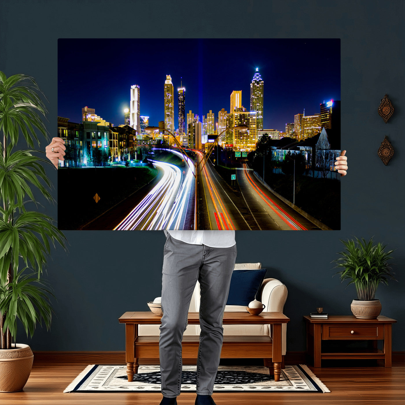12967464-MGV-CV-36X24 - Atlanta Skyline Wall Art Canvas Print, Atlanta Downtown Night Cityscape Print for Modern Urban Wall Decor